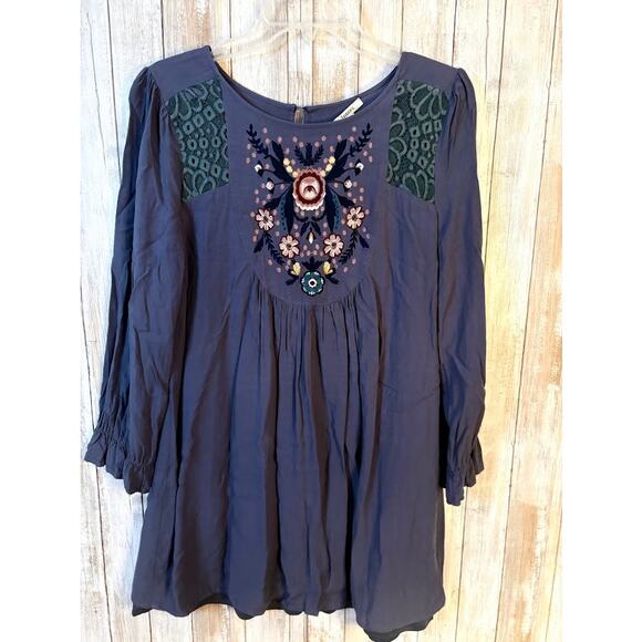 JODIFL Blue Embroidered Boho Mini Dress - Size Medium - Picture 6 of 8